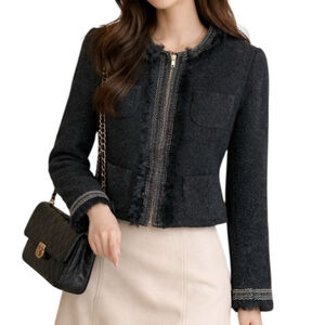 Dstudio Canada Tweed Bomber Jacket Fur Fringe Lace Circle Neck Sz 10 Black